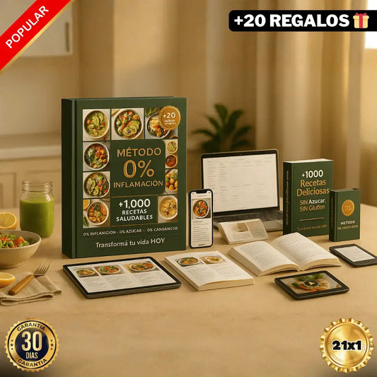 ✨ MÉTODO 0% INFLAMACIÓN +1000 Recetas Deliciosas SIN Azúcar, SIN Gluten + 20 Regalos 🎁